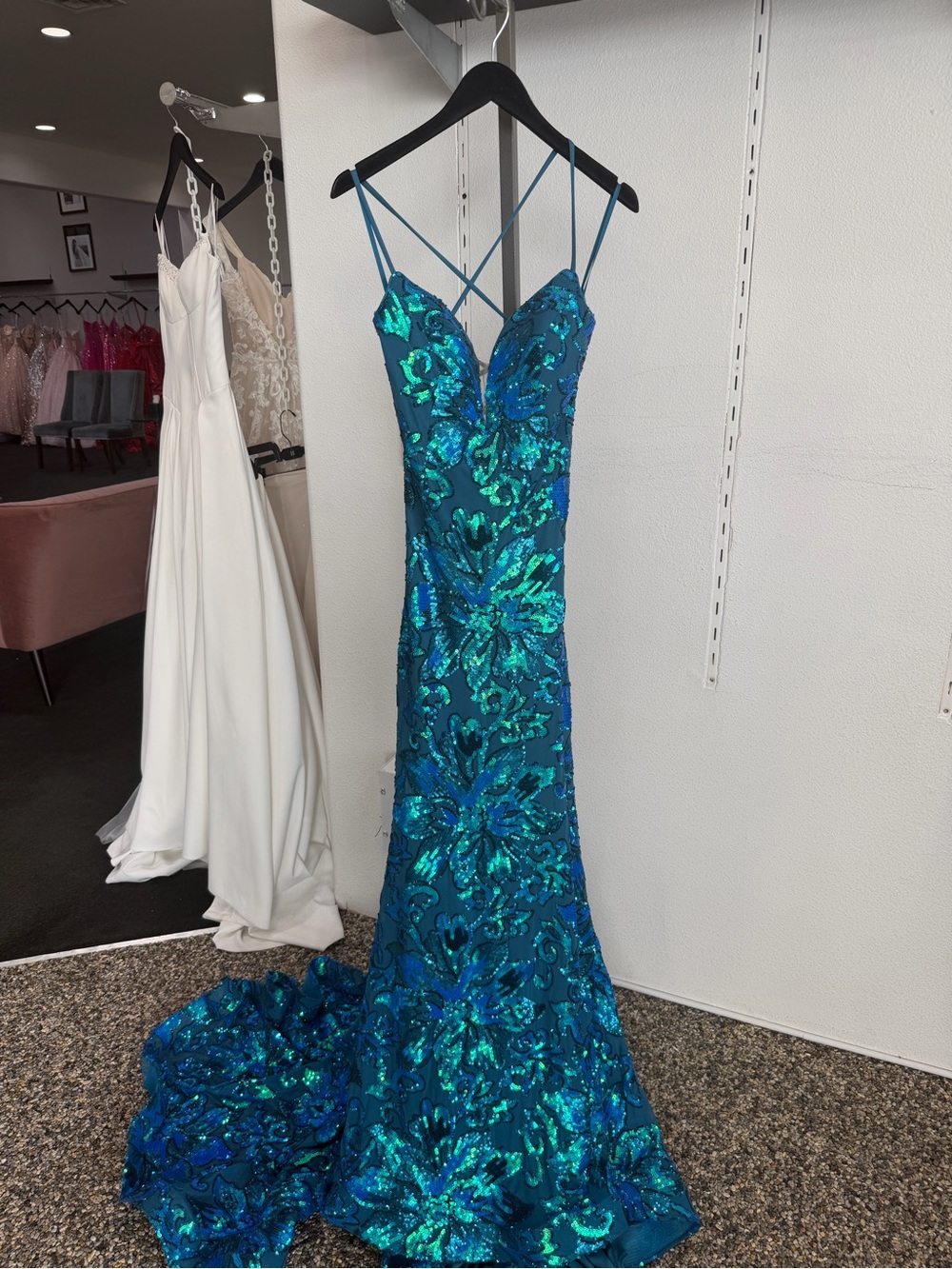 Blue Sequin Mermaid Prom Dress with Spaghetti Straps - Picture 3 of 6
